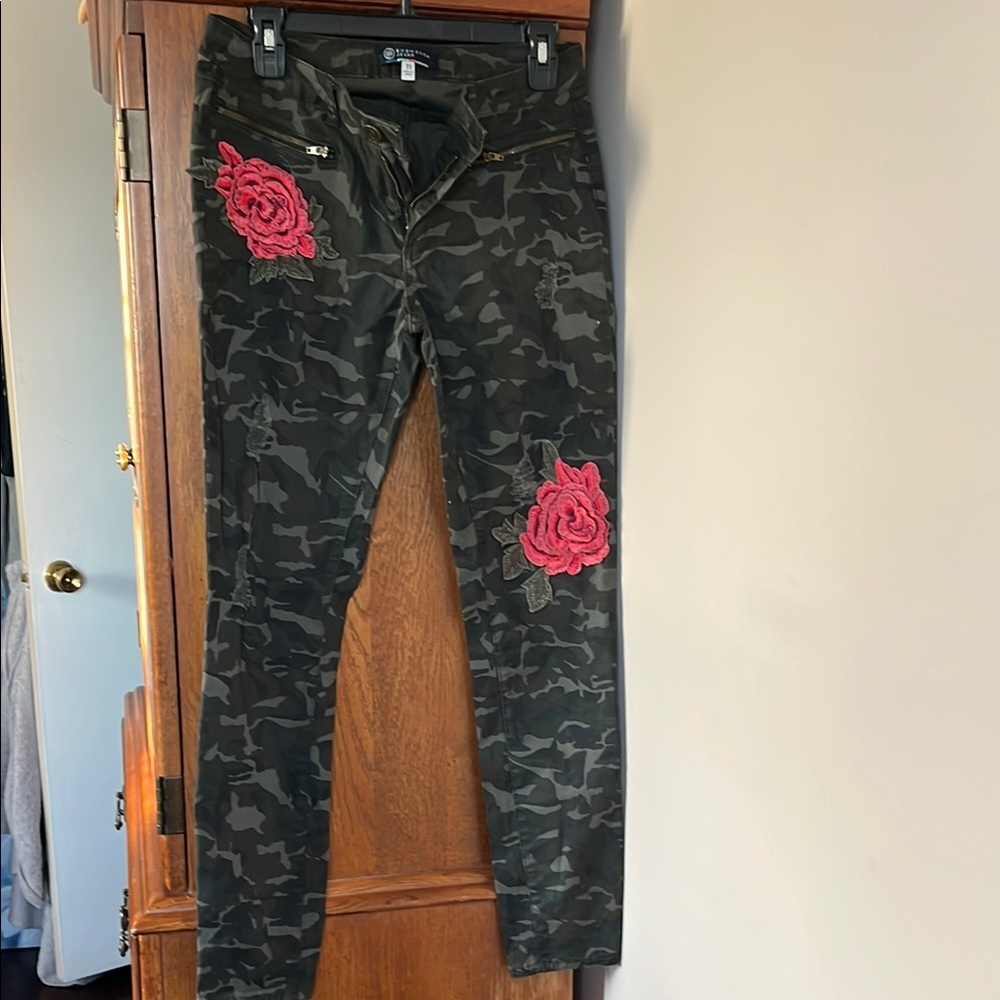 Women's Camouflage Jeans with Red Rose Embroidery